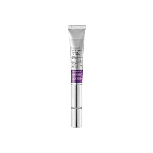 Silver tube of laneige reedle shot lifting eye cream 15ml with purple label and metallic cap for lifting eye cream use