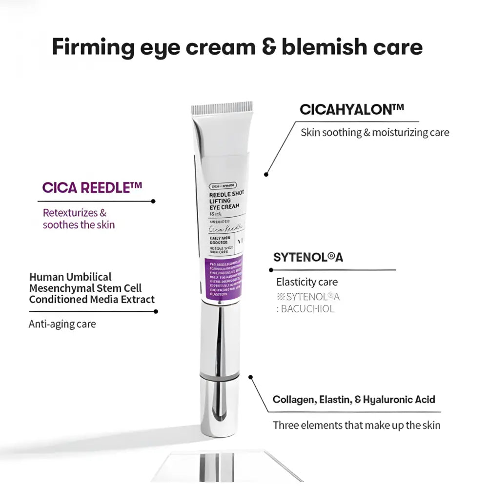 Silver tube of reedle shot lifting eye cream 15ml with purple label and white cap for lifting eye cream care