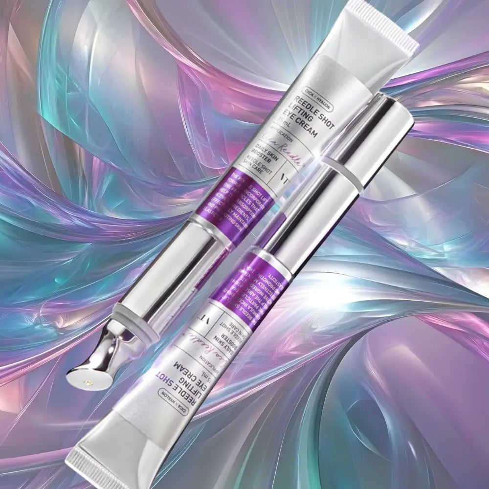 Two sleek silver and purple reedle shot lifting eye cream tubes with metallic caps against an iridescent background