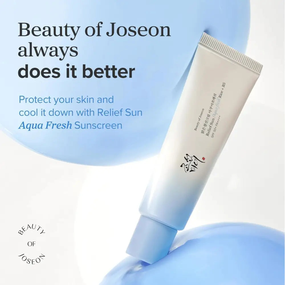 A sleek light blue tube of beauty of joseon relief sun aqua-fresh sunscreen with rice seed water and spf50+ pa++++