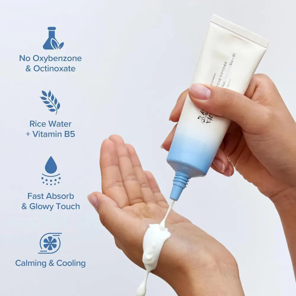 A white and light blue gradient tube of sulwhasoo relief sun aqua-fresh with rice seed water spf50 pa++++ for k-beauty south africa