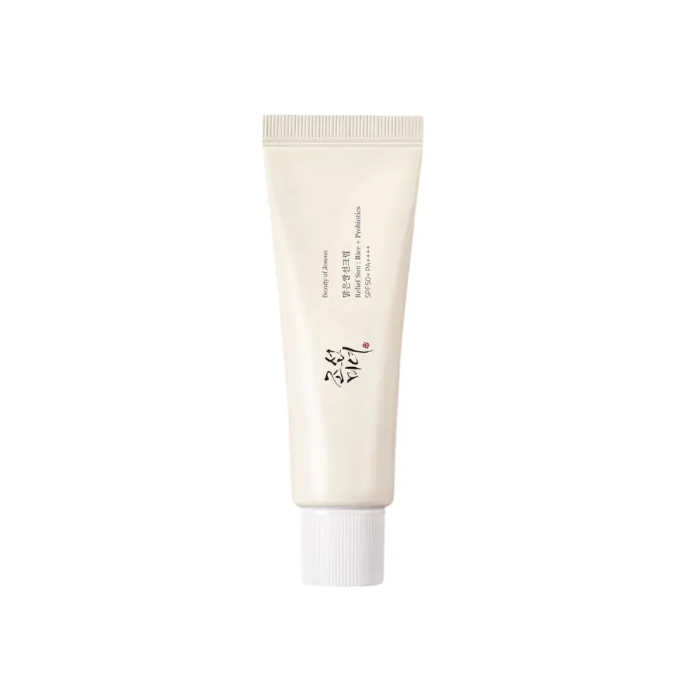 Creamy off-white tube of beauty of jeonju relief sun rice probiotics spf50+ korean skincare with grain extracts