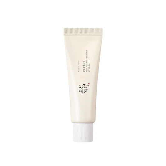 Creamy off-white tube of beauty of jeonju relief sun rice probiotics spf50+ korean skincare with grain extracts
