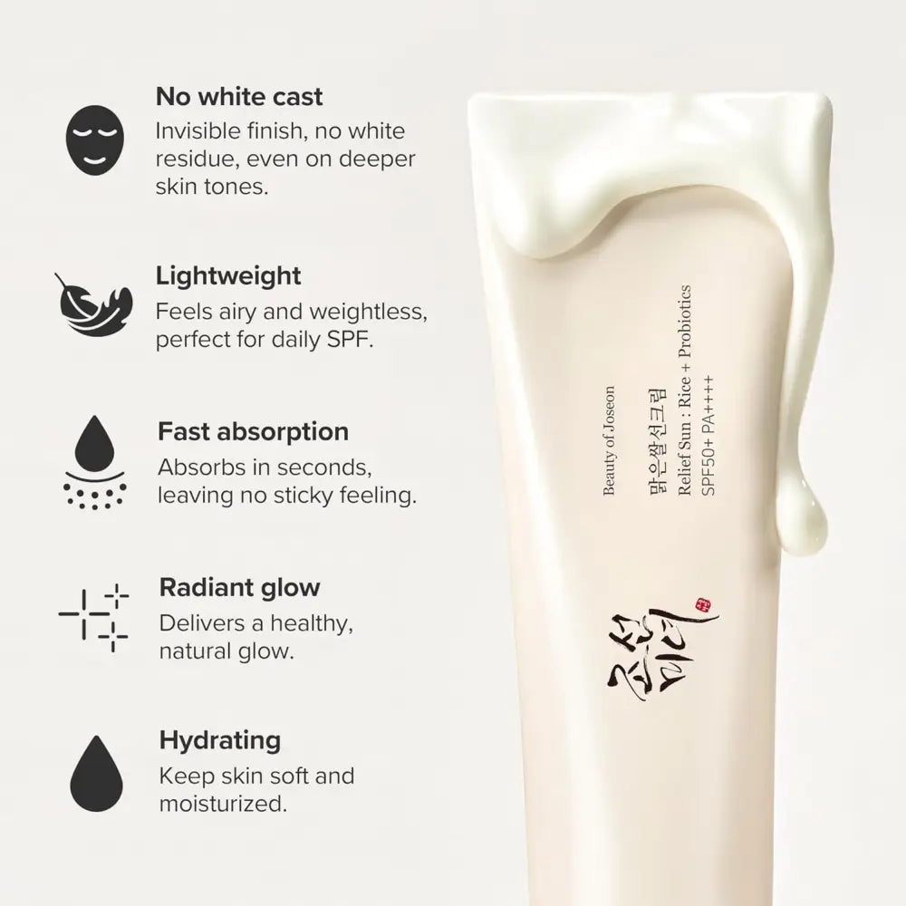 Creamy off-white tube of beauty of joseon relief sun rice probiotics spf50 pa++++ sunscreen for authentic korean skincare south africa