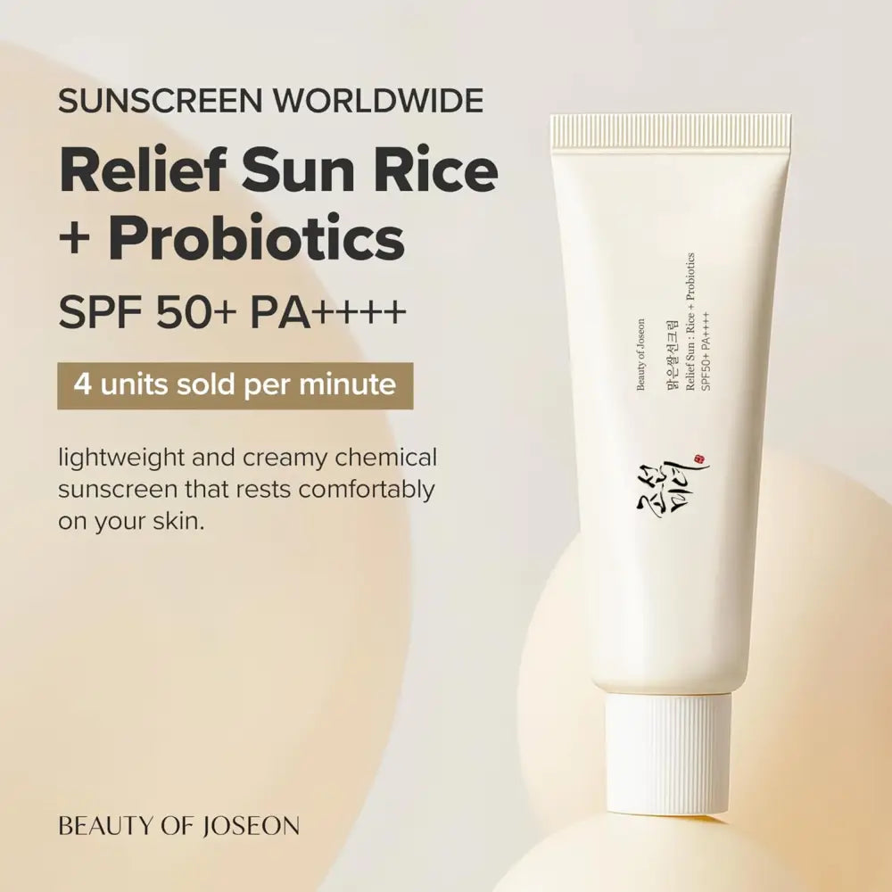 Creamy white tube of korean skincare beauty of joseon relief sun rice plus probiotics sunscreen spf 50 plus pa plus plus for k-beauty south africa