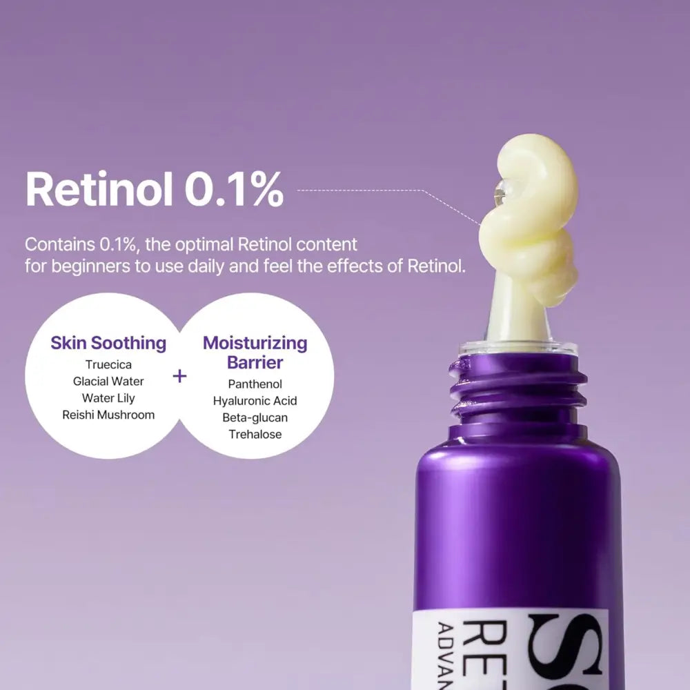 Purple glass bottle with silver cap containing retinol intense 0.1% serum for advanced triple action eye cream korean skincare south africa