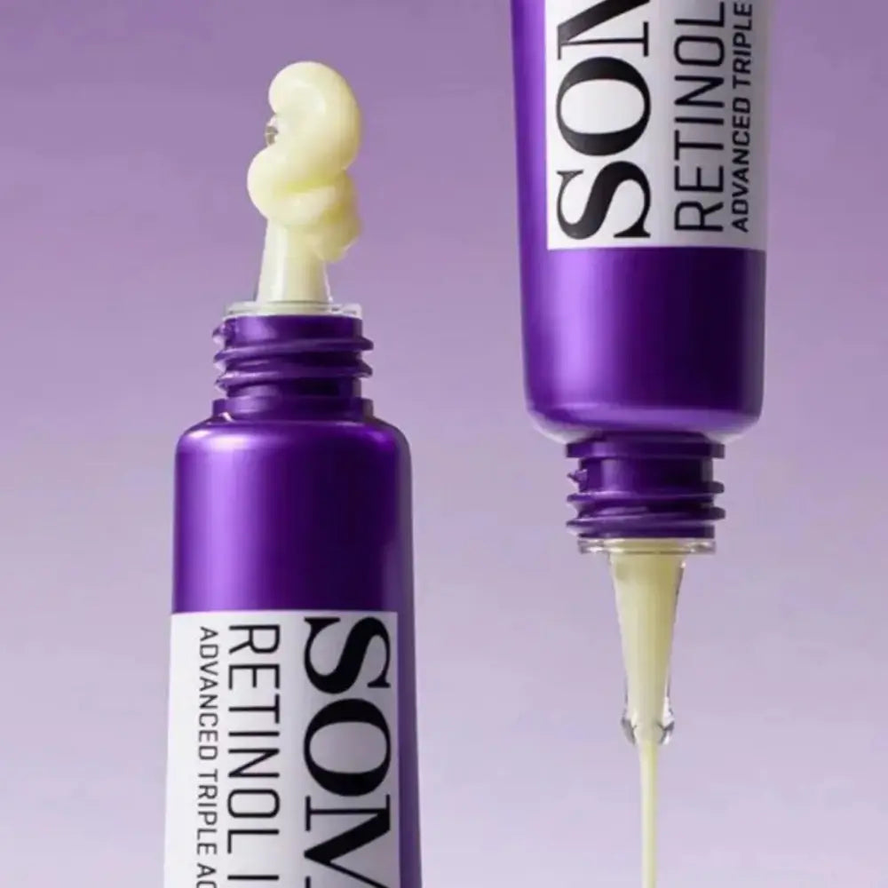 Purple tube of retinol intense advanced triple action eye cream with dropper dispensing pale yellow serum for korean skincare south africa