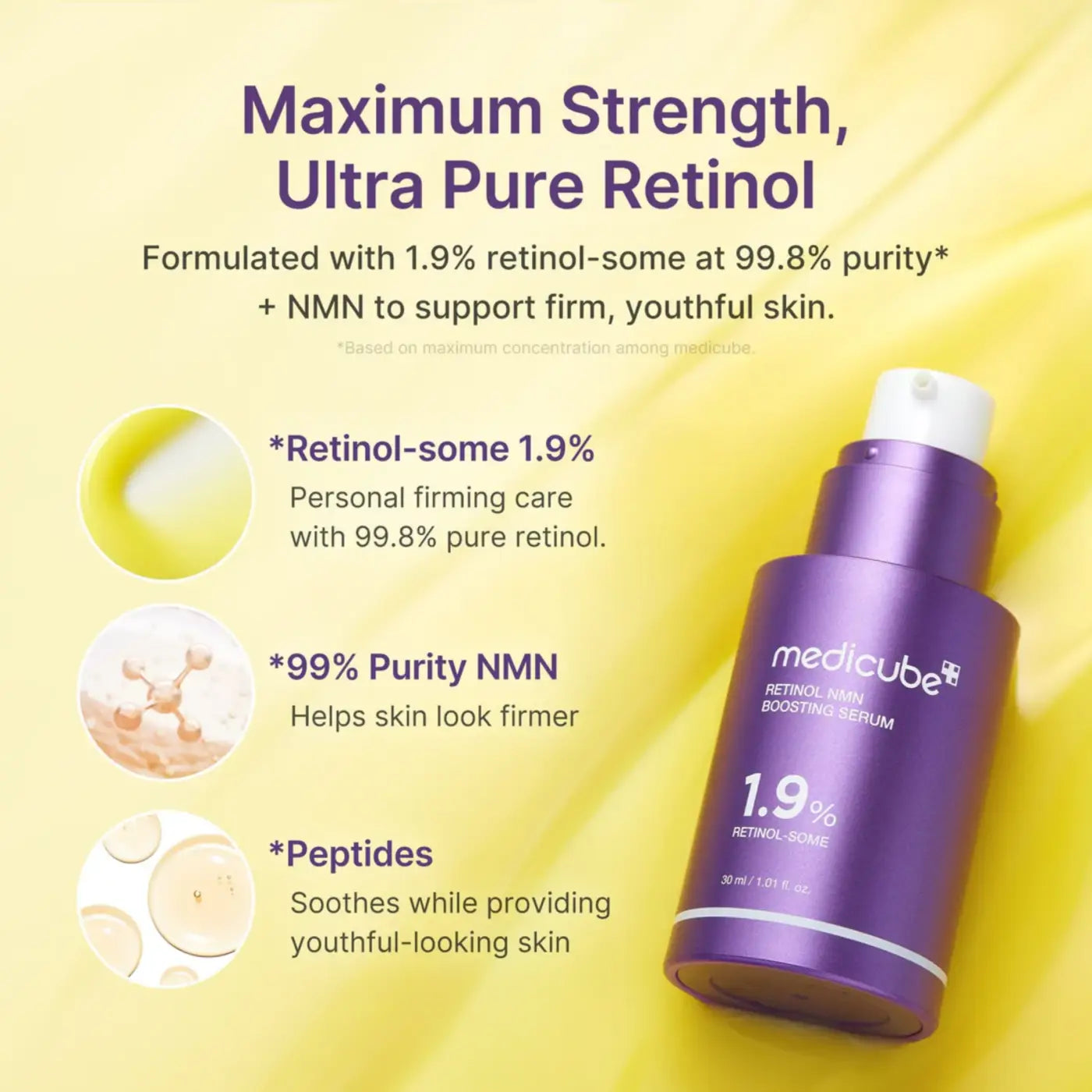 Purple medicube retinol nmn boosting serum 30ml bottle with white cap and silver label showing 1.9 percent retinol for skin texture