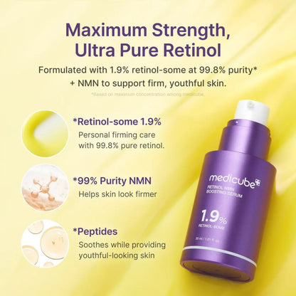 Purple medicube retinol nmn boosting serum 30ml bottle with white cap and silver label showing 1.9 percent retinol for skin texture