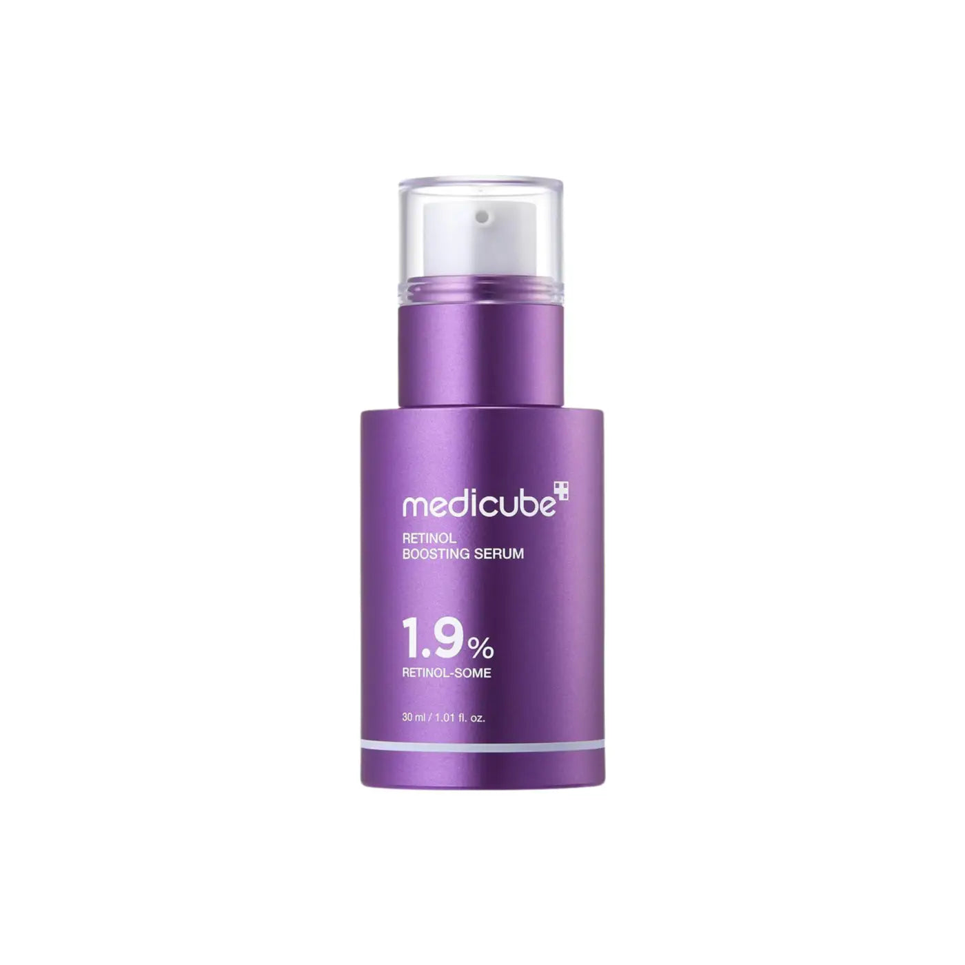 Purple metallic bottle of medicube retinol nmn boosting serum 30ml with clear pump for improving skin texture