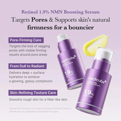 Two purple medicube retinol nmn boosting serum bottles with white caps next to a dollop of yellow serum for skin texture