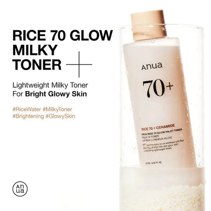 Anua rice 70 glow milky toner 250ml in clear glass bottle with beige cap contains milky white liquid for skin barrier
