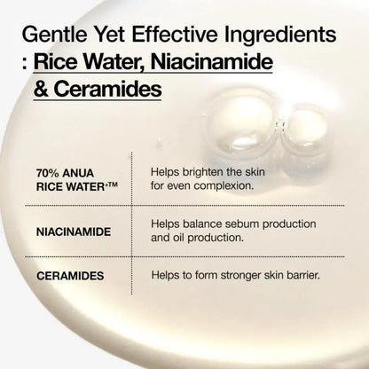 A clear translucent glow milky toner in a white bowl with bubbles from anua rice to strengthen skin barrier