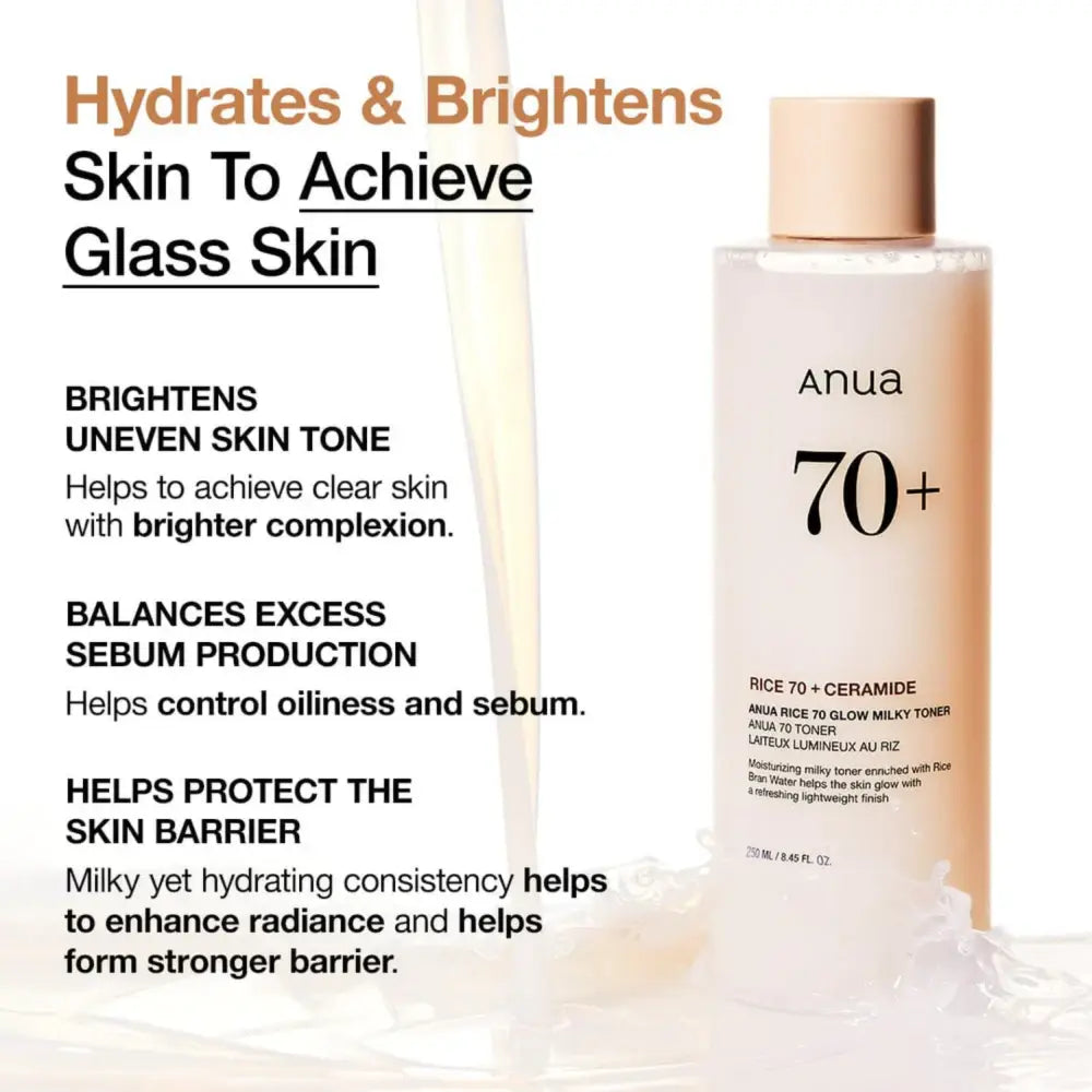 A sleek translucent anua rice 70 glow milky toner bottle with rose gold cap supports skin barrier health