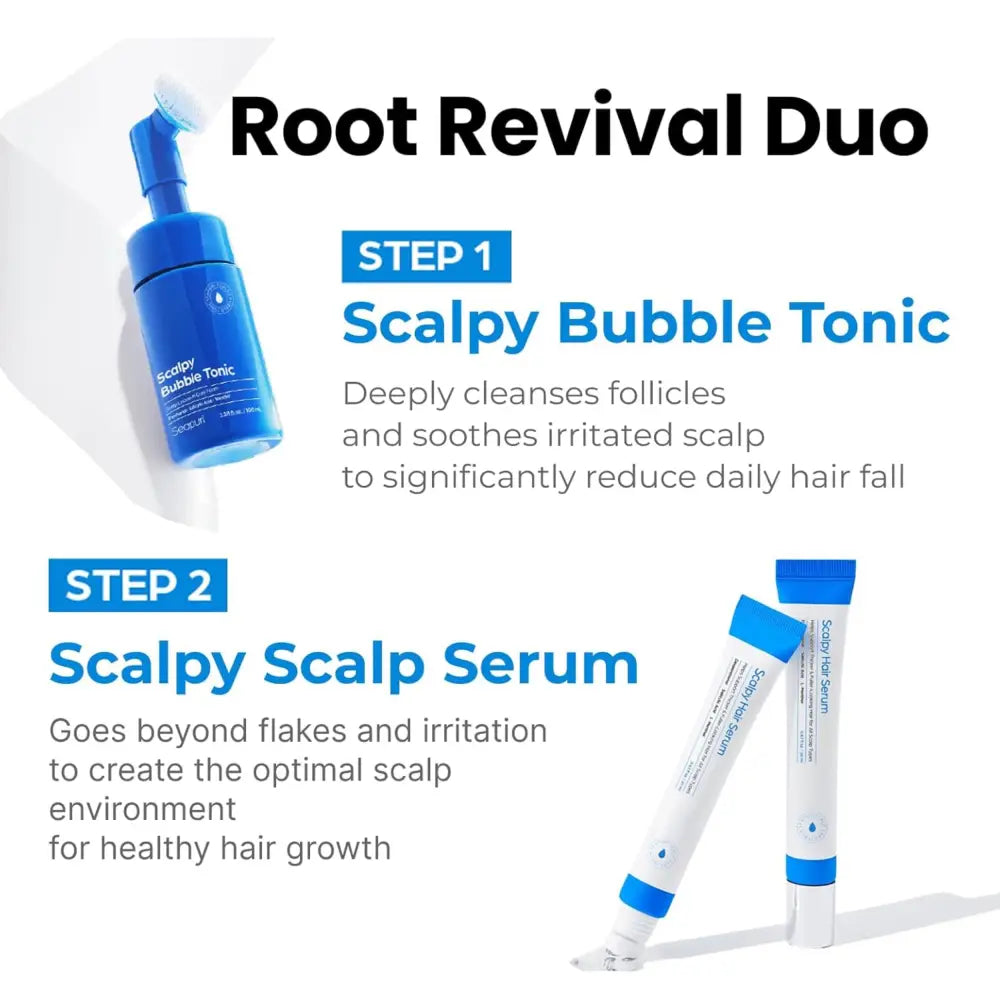 Blue foaming scalp tonic bottle with white label and blue pump dispenser for scalpy bubble tonic 100ml use