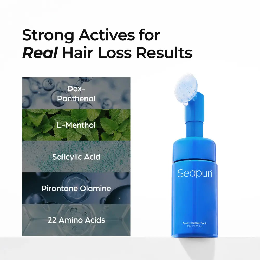Blue seapuri scalpy bubble tonic 100ml bottle with pump dispenser and frothy liquid for scalp care