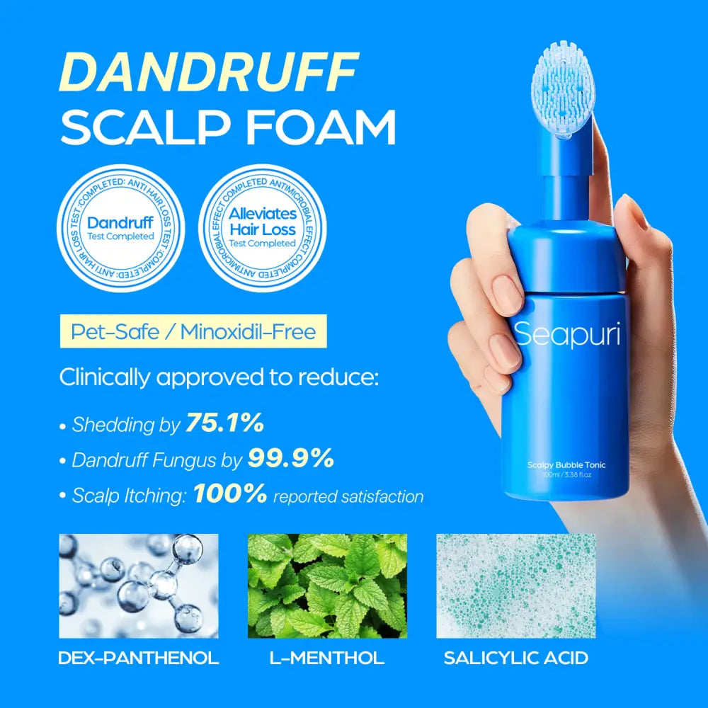 Blue seapuri scalp foam bottle with brush attachment for scalpy bubble tonic 100ml hair care treatment