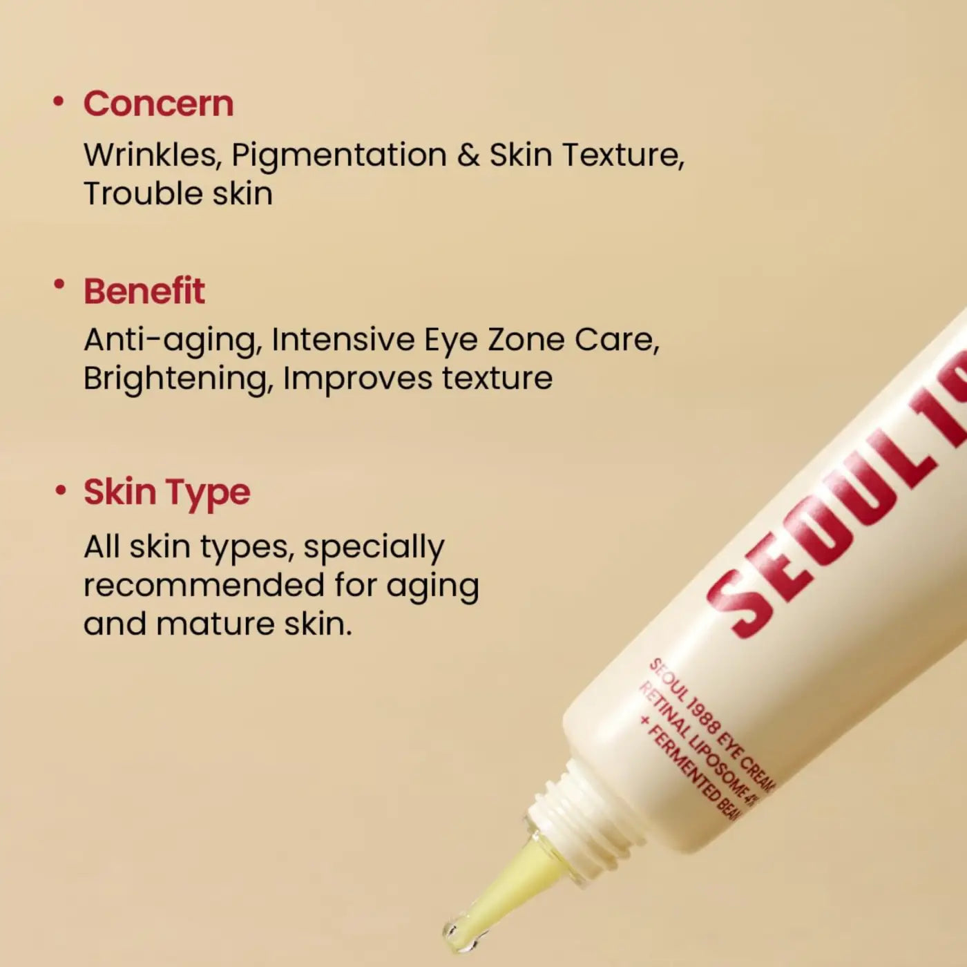 A white tube of Seoul 1988 eye cream with red lettering and a yellow droplet featuring retinal liposome for eye area