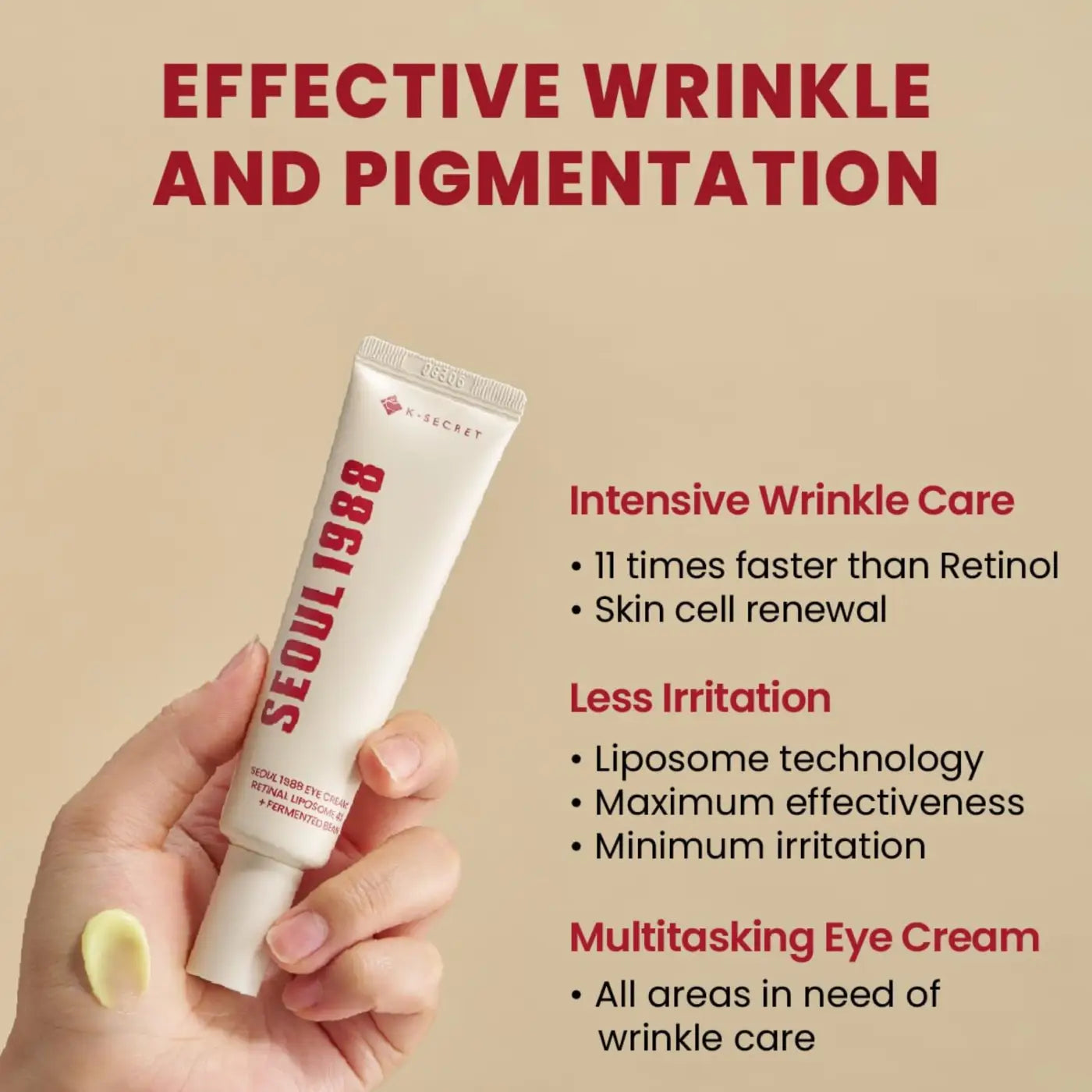 White tube of k-secret seoul 1988 eye cream with retinal liposome and fermented bean shown with a dollop on hand
