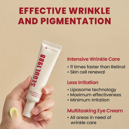 White tube of k-secret seoul 1988 eye cream with retinal liposome and fermented bean shown with a dollop on hand