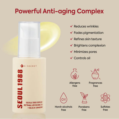 Beige glass bottle with white pump labeled seoul 1988 featuring retinal liposome and black ginseng by k-secret