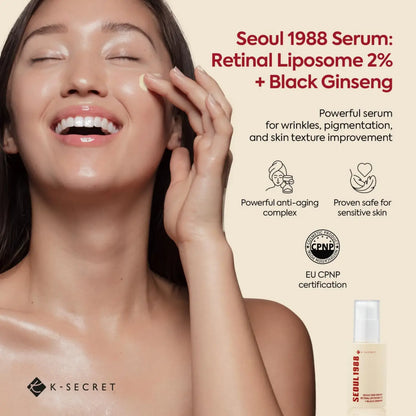 A sleek transparent glass bottle with white pump and black label for seoul 1988 serum retinal liposome and black ginseng
