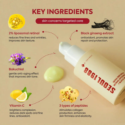 Creamy beige pump bottle of k-secret seoul 1988 serum with retinal liposome and black ginseng 30ml from best korean skincare brands sa