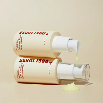 Cream beige k-secret seoul 1988 serum pump bottle with retinal liposome and black ginseng dripping pale yellow liquid