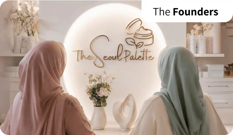 The seoul palette logo, featuring elegant gold cursive lettering and a stylized cream jar with leaves above it.