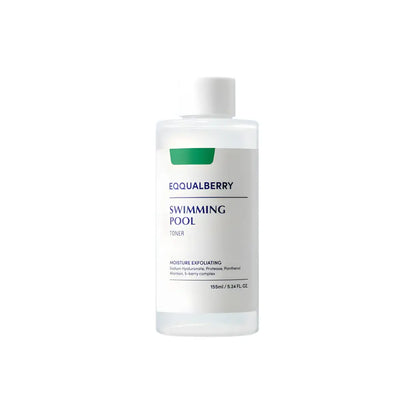 Clear plastic bottle with white cap and minimalist green label for equalberry swimming pool toner 155ml skin care