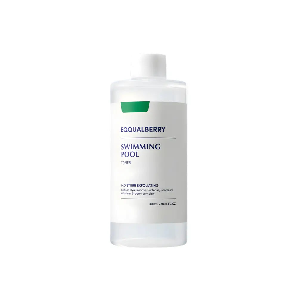 Clear plastic bottle of equalberry swimming pool toner 300ml with white label and green accent for skin care