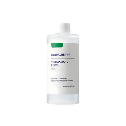 Clear plastic bottle of equalberry swimming pool toner 300ml with white label and green accent for skin care