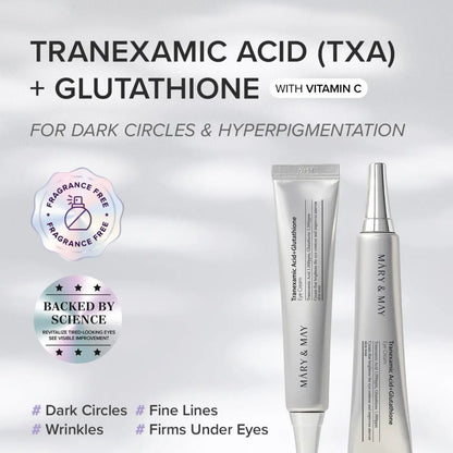 Silver tube glutathione eye cream with a sleek metallic finish for dark circles and hyperpigmentation with tranexamic acid
