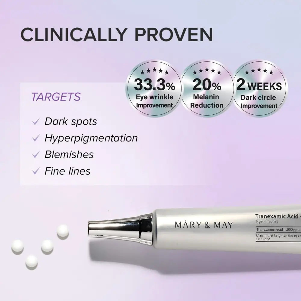Silver-tipped sleek white tube of mary and may tranexamic acid glutathione eye cream with minimalist design and labeling