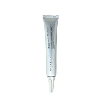 Silver tube of mary and may tranexamic acid and glutathione eye cream 30ml for brightening and hydration