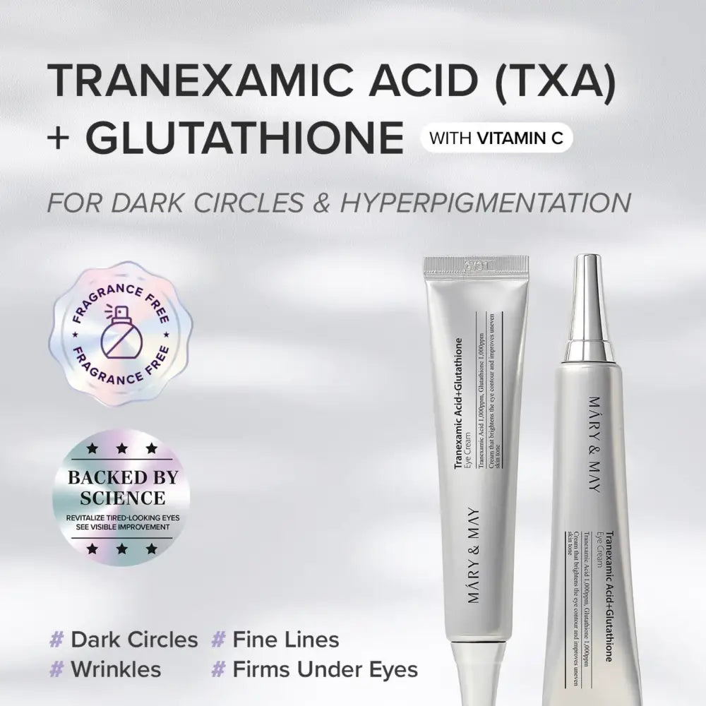 Silver tube glutathione eye cream with metallic finish for dark circles featuring tranexamic acid 30ml packaging