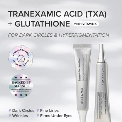 Silver tube glutathione eye cream with metallic finish for dark circles featuring tranexamic acid 30ml packaging