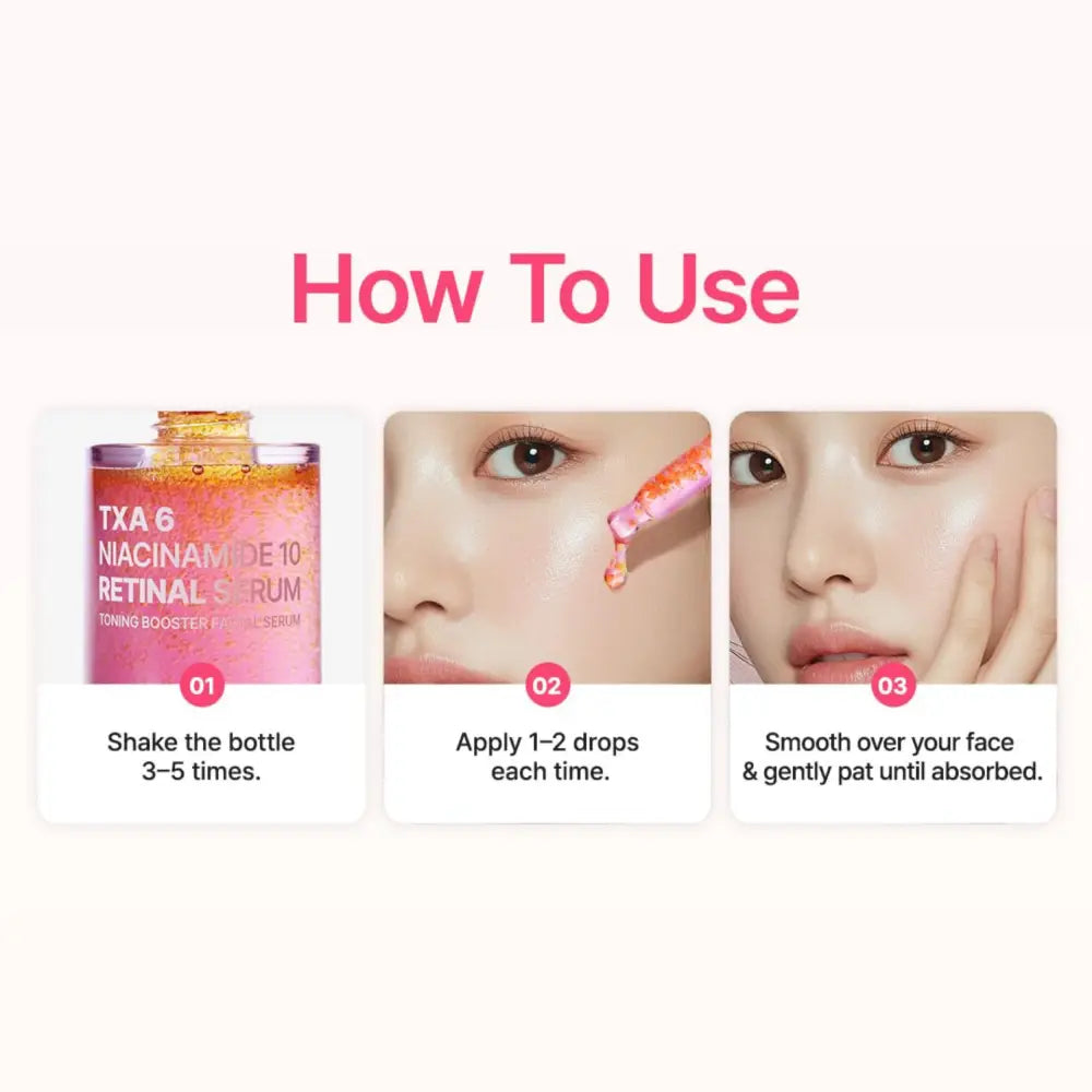 Pink glass bottle of txa 6 niacinamide 10 retinal serum 30ml for skin toning and retinal treatment