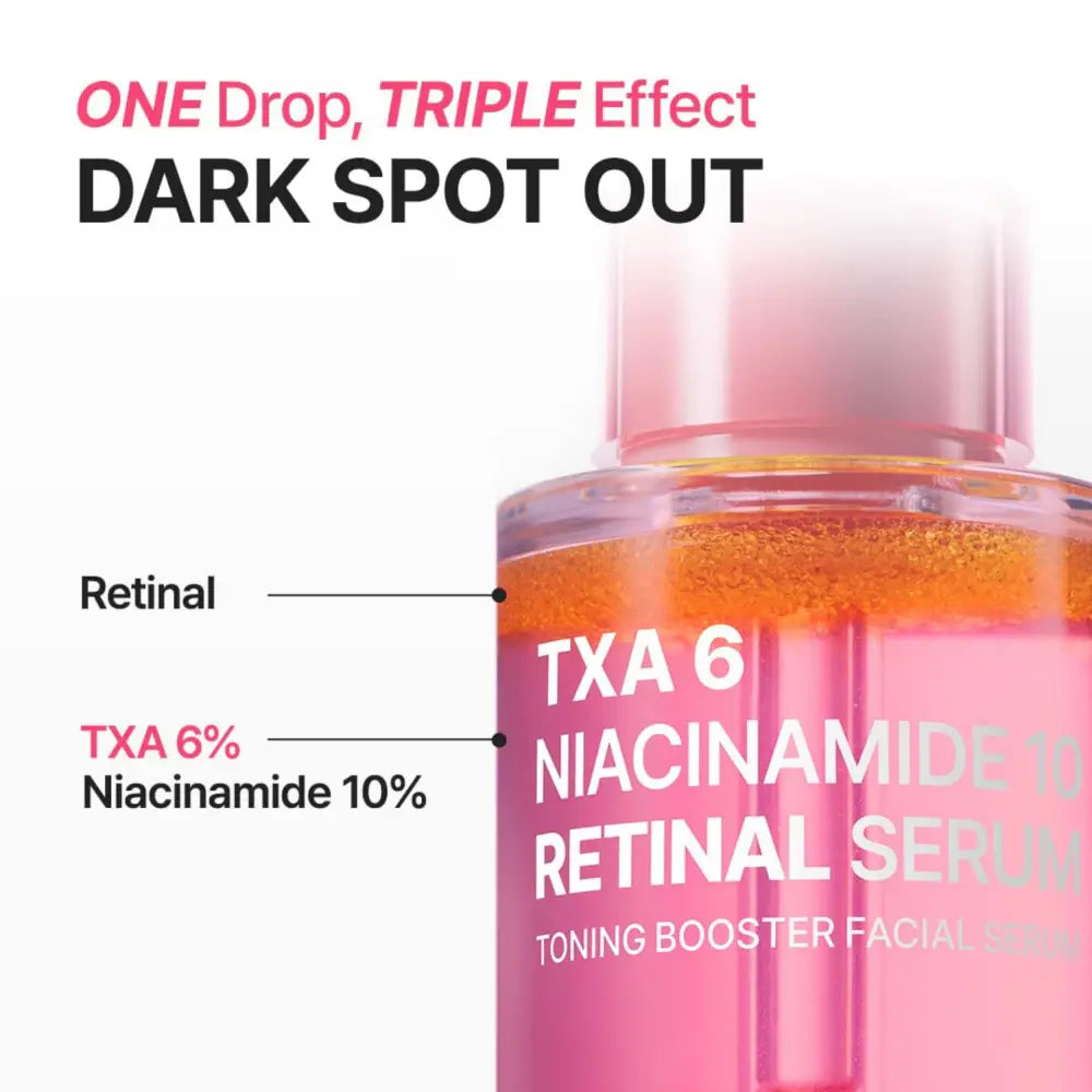 Pink transparent bottle of txa 6 niacinamide 10 retinal serum with matching cap for skin care and retinal treatment