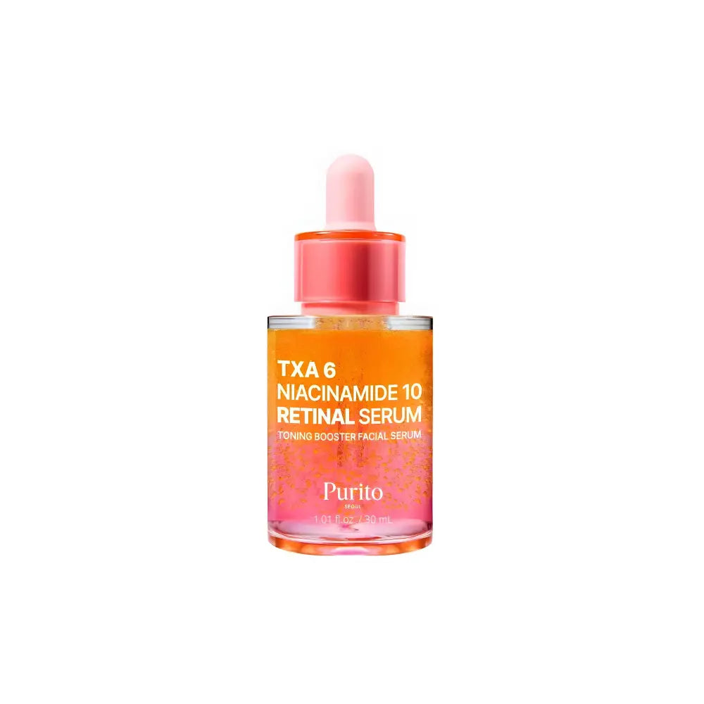 A vibrant orange and pink gradient glass dropper bottle of purito txa 6 niacinamide 10 retinal serum for skin care