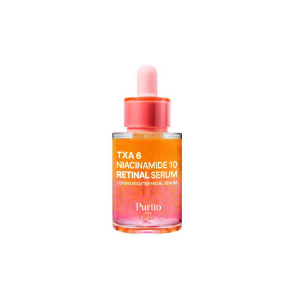 A vibrant orange and pink gradient glass dropper bottle of purito txa 6 niacinamide 10 retinal serum for skin care