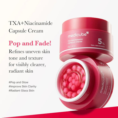 Vibrant red cylindrical jar of medicube txa niacinamide capsule cream 55g with pink capsules for skin tone improvement