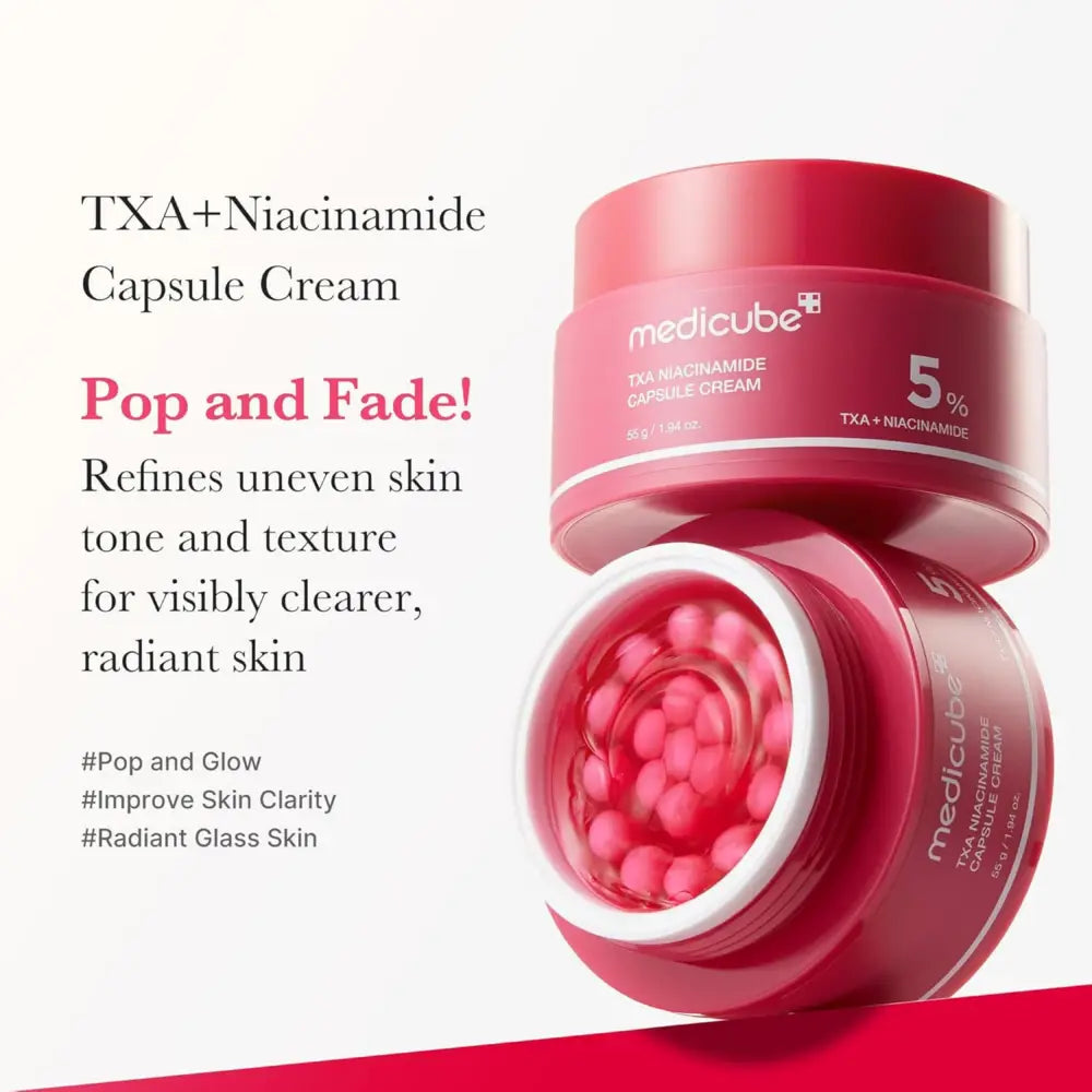 Vibrant red cylindrical jar of medicube txa niacinamide capsule cream 55g with pink capsules for skin tone improvement