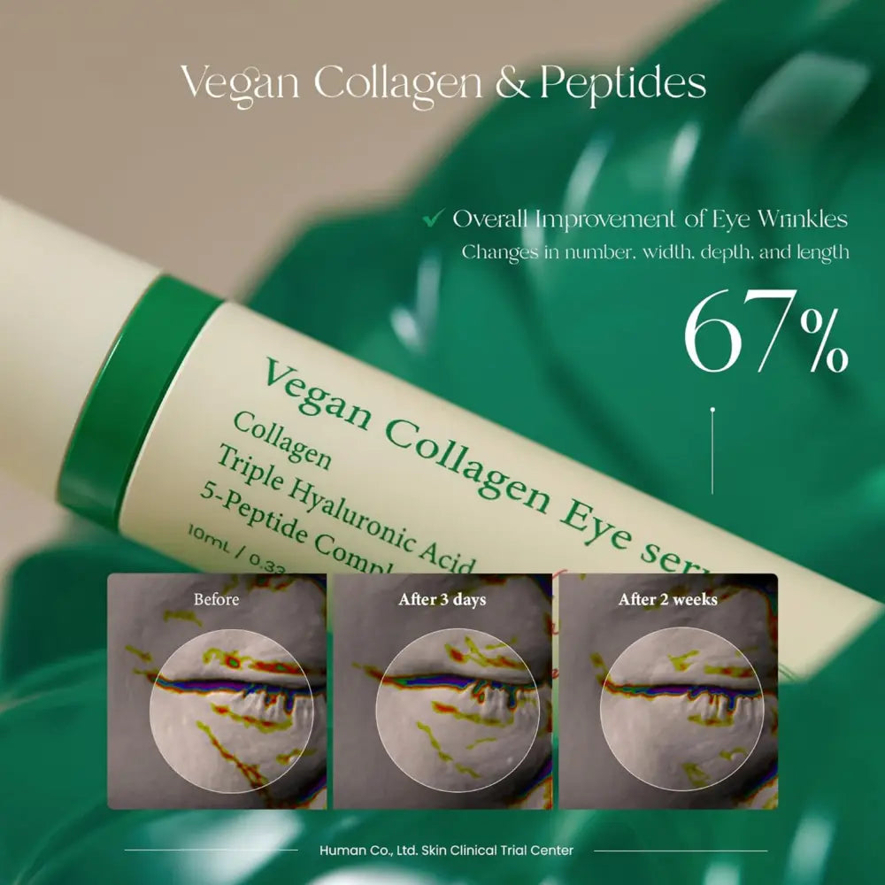 Green and white tube of vegan collagen eye serum with cooltouch eye applicator specifically designed for delicate skin care