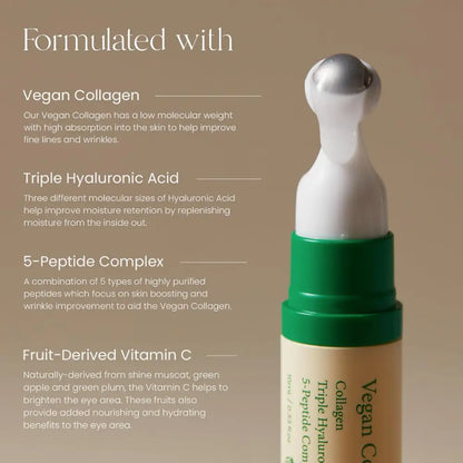A sleek beige-tinted vegan collagen eye serum with a green cap and silver cooltouch eye applicator specifically designed for delicate skin