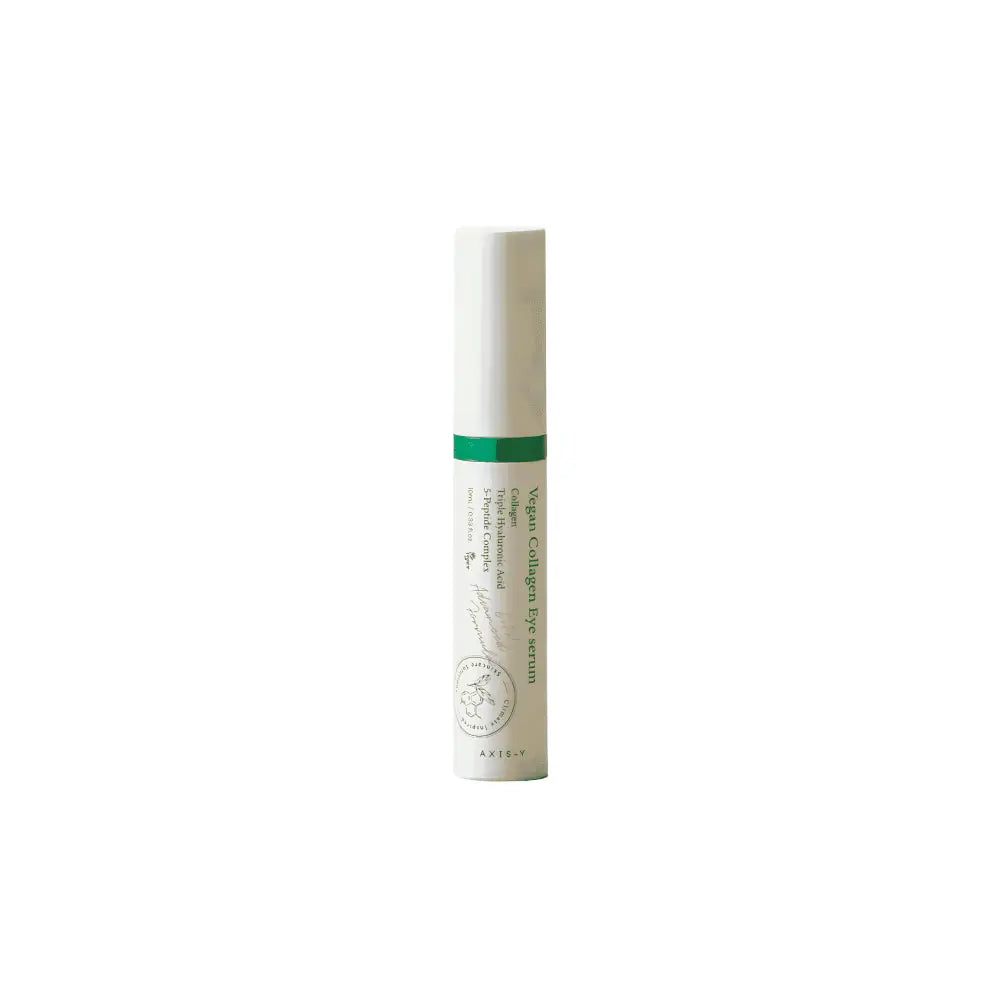 A sleek white cylindrical tube with a green band featuring axis vegan collagen eye serum with cooltouch eye applicator