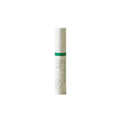 A sleek white cylindrical tube with a green band featuring axis vegan collagen eye serum with cooltouch eye applicator