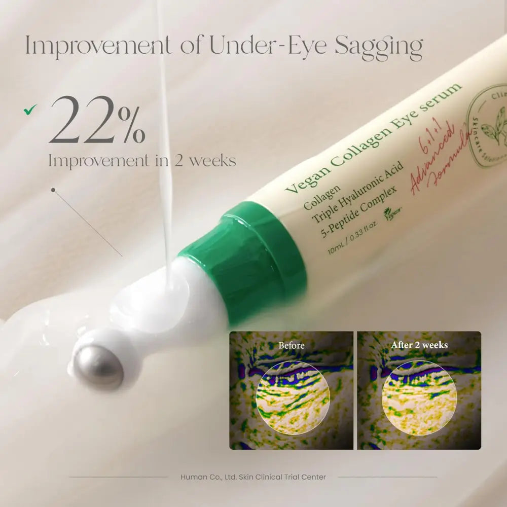 Vegan collagen eye serum in white tube with green cap and silver cooltouch eye applicator specifically designed for delicate skin