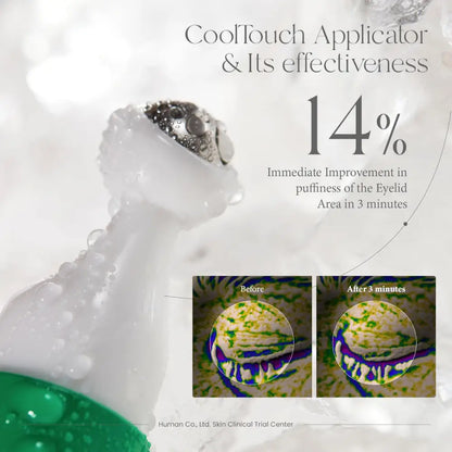 Vegan collagen eye serum with a white and green cooltouch eye applicator featuring a textured rounded head covered in droplets