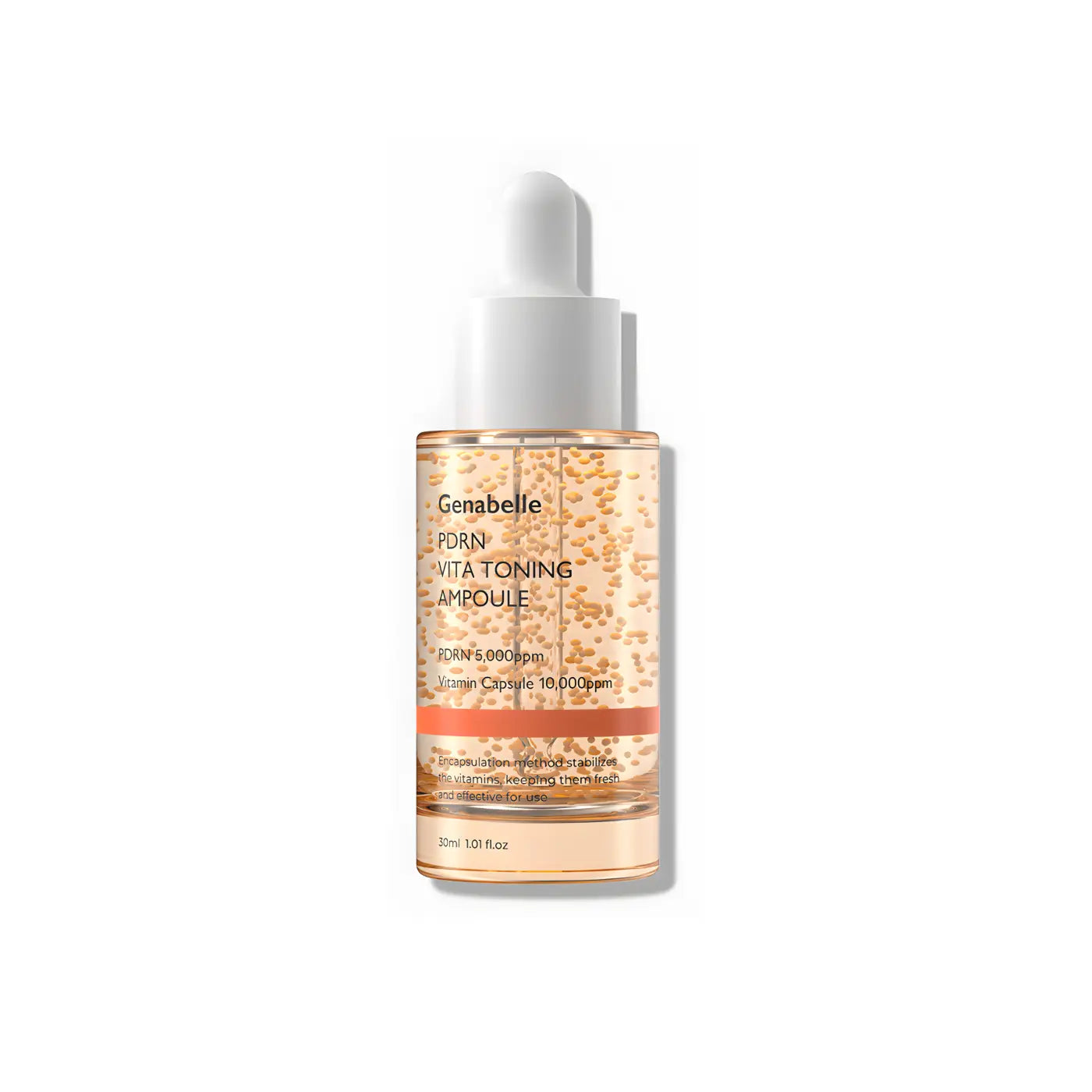 Genabelle vita toning pdrn ampoule 30ml in clear glass bottle with white dropper cap and amber liquid with golden microcapsules